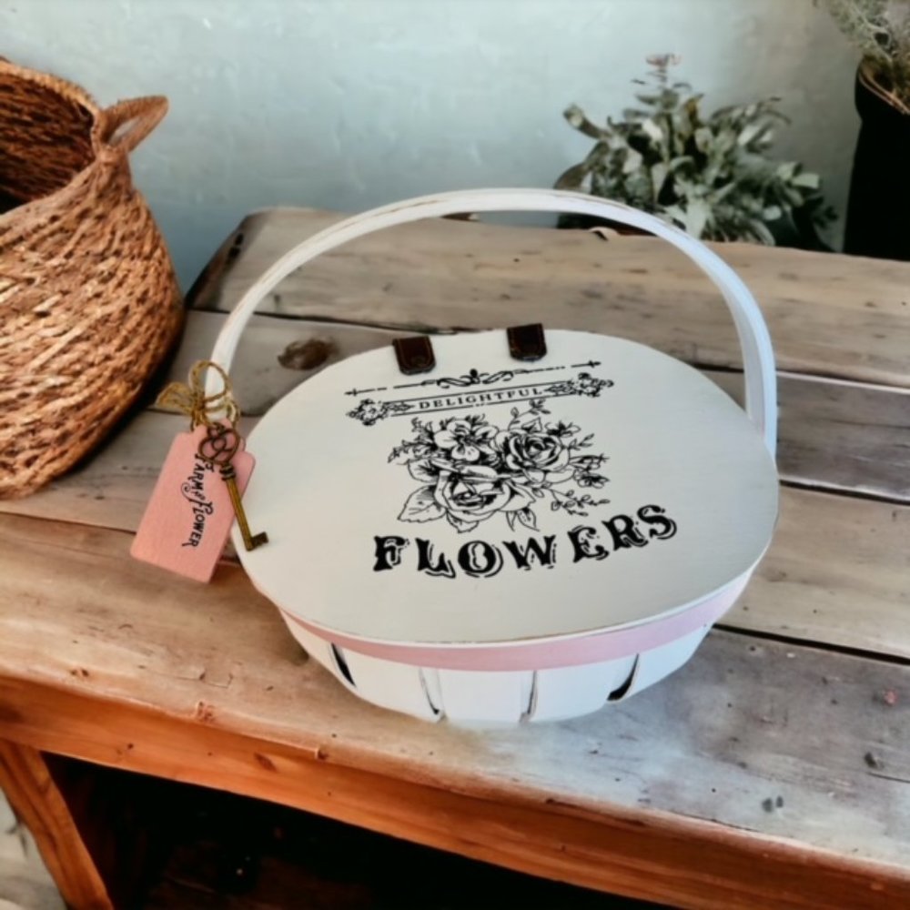 Hand Painted Wood Basket w/ Floral " Delightful Flowers" design